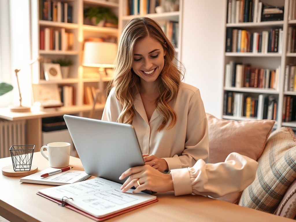 A woman smiles while using a laptop at a desk, surrounded by books and a cozy living space.