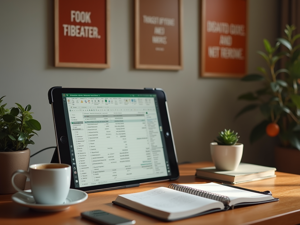 A workspace featuring a tablet with a spreadsheet, coffee cup, notebook, and potted plants.