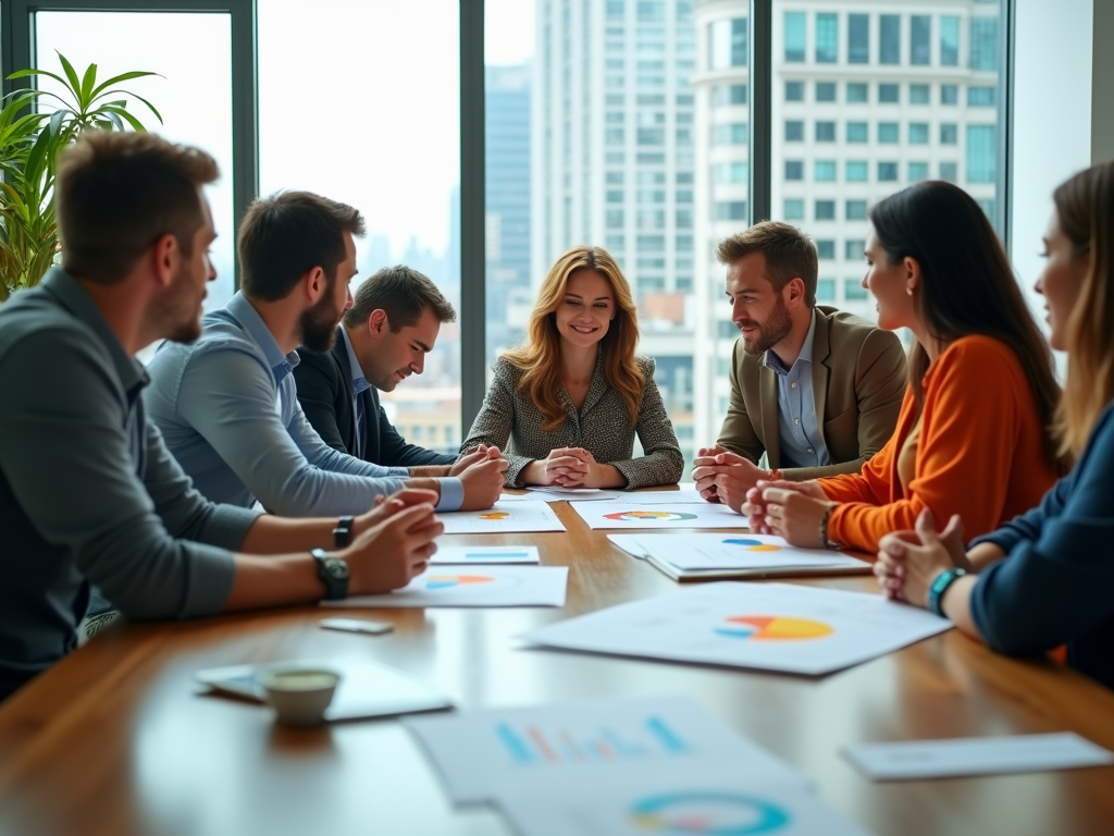 A diverse group of professionals engaged in a meeting around a conference table, with charts and graphs in front of them.