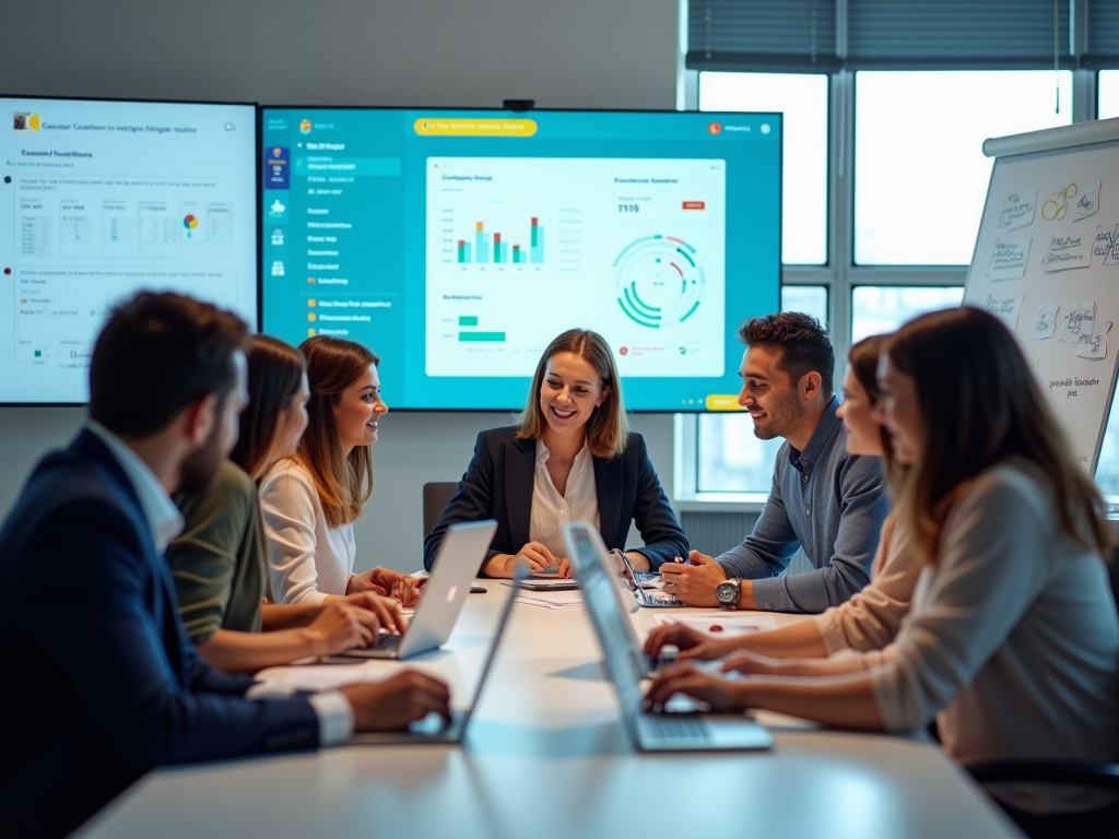 A group of professionals engaged in a meeting, discussing on laptops with data visuals displayed on screens.