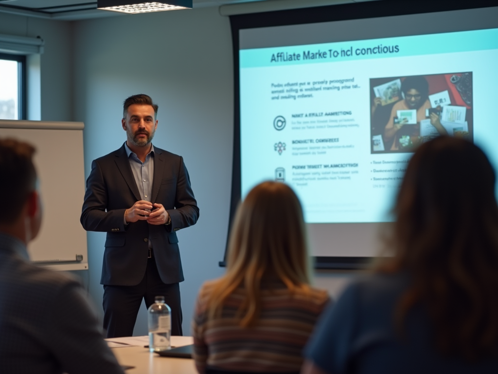 Man presenting on affiliate marketing to attentive audience in a conference room.