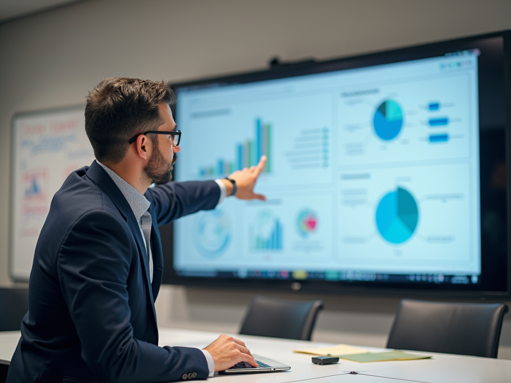 A man in a suit points at a large screen displaying various charts and graphs in a meeting room.