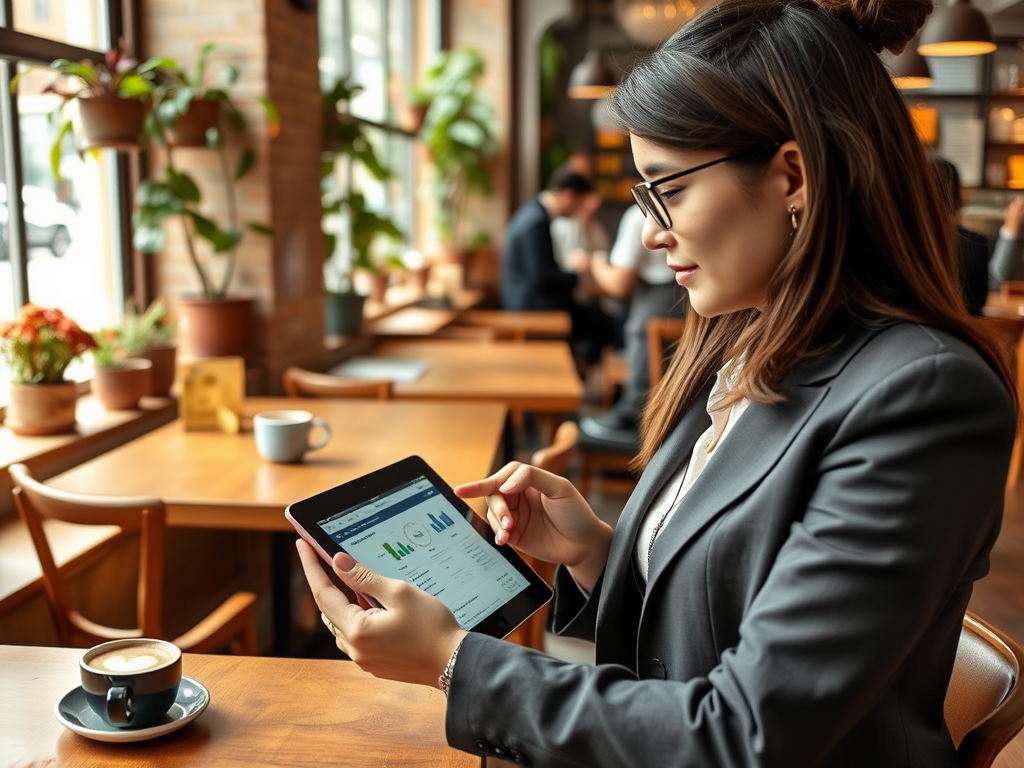 A woman in a suit interacts with a tablet in a cafe, with a coffee cup on the table and greenery in the background.