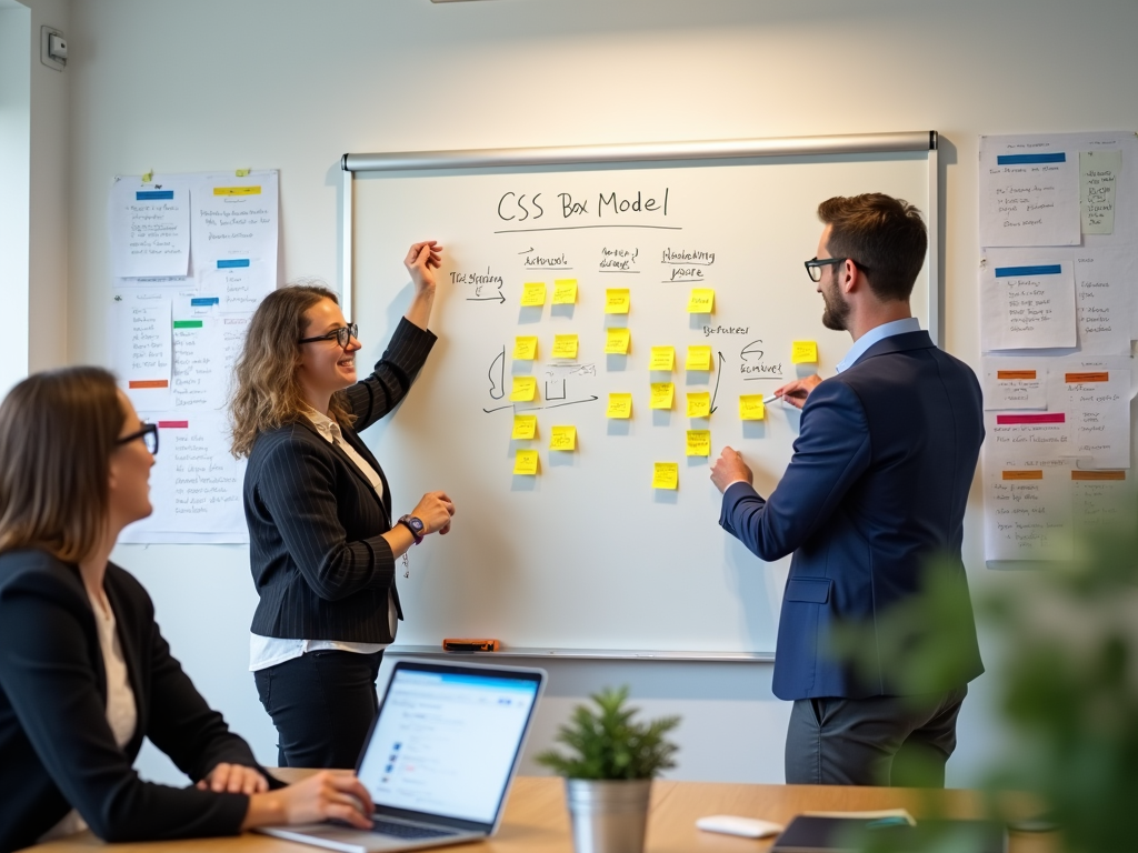 Professional team discussing the CSS Box Model at a whiteboard covered in sticky notes.