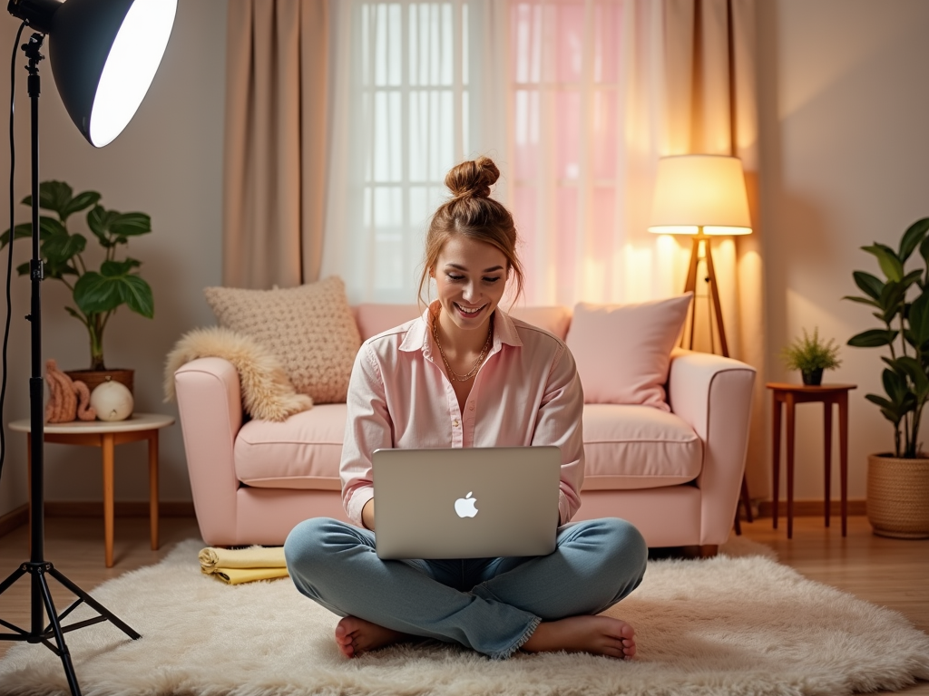 Woman smiling while using a laptop in a cozy living room with a soft pink decor.