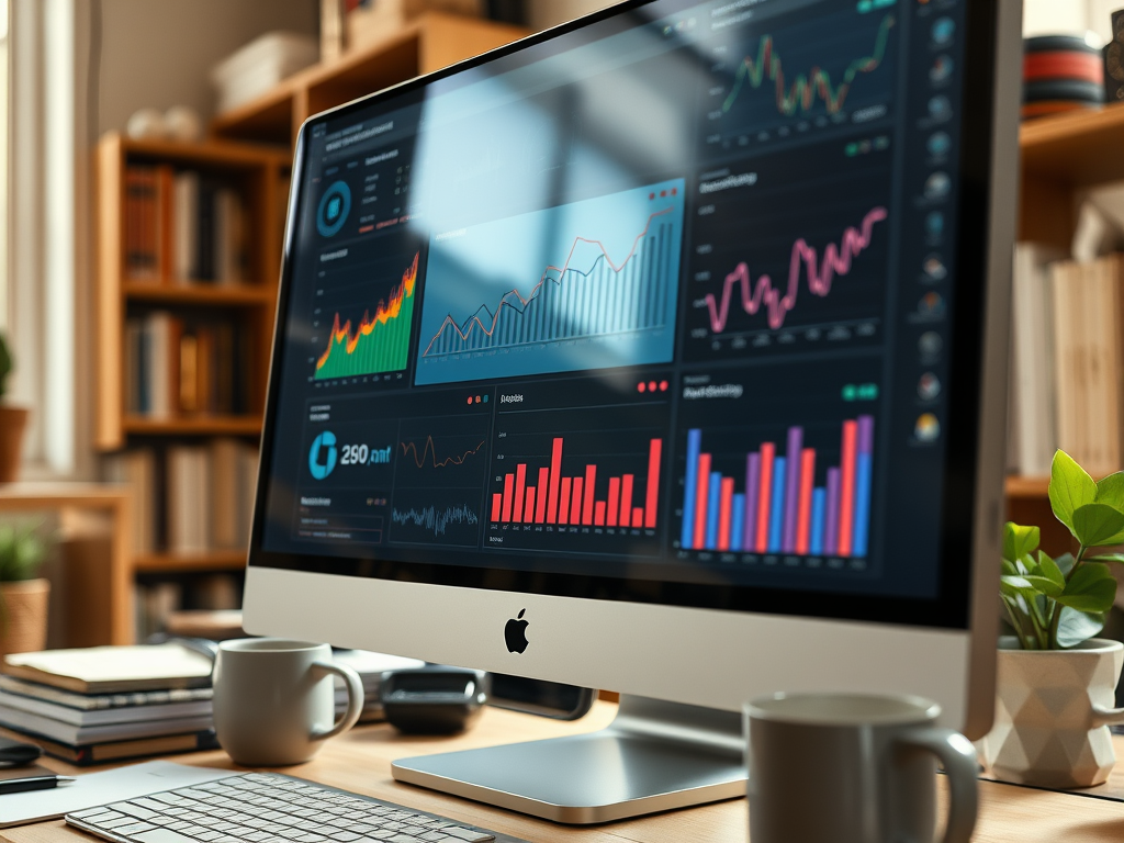 A modern workspace featuring an iMac displaying various data charts, with coffee mugs and books on the desk.