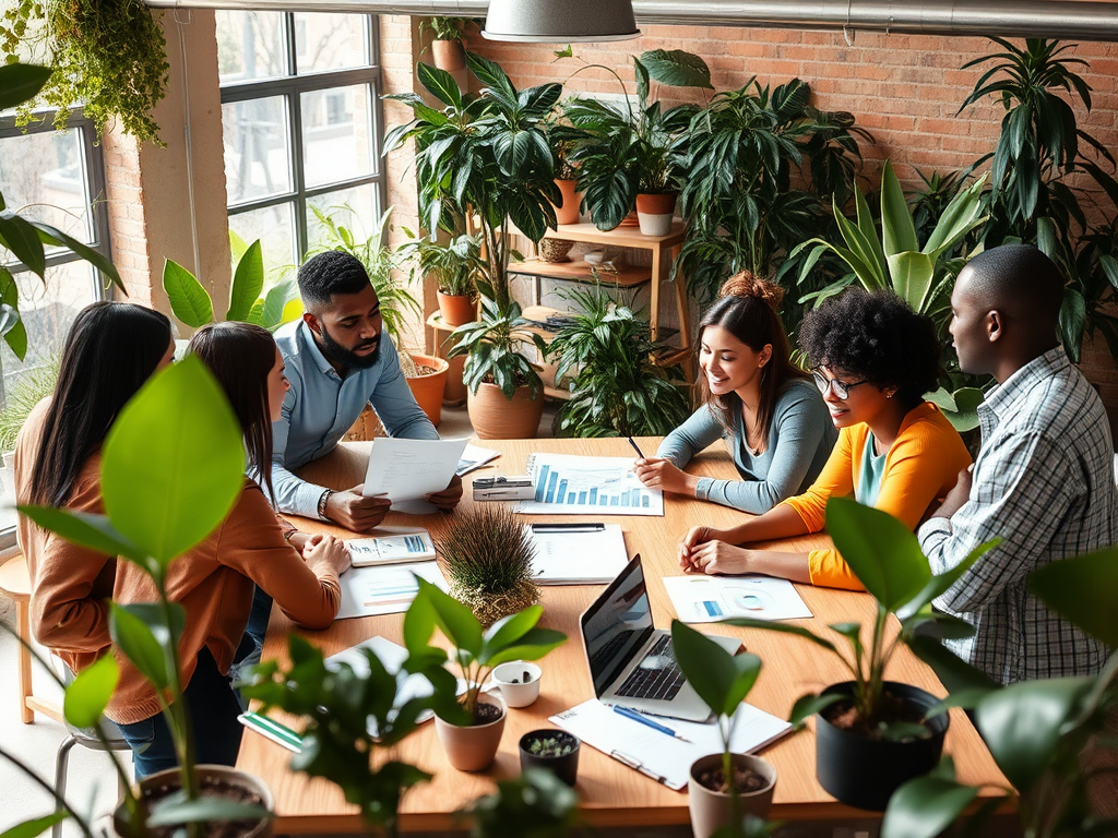 A group of six people collaborate around a table surrounded by plants, discussing documents and charts.