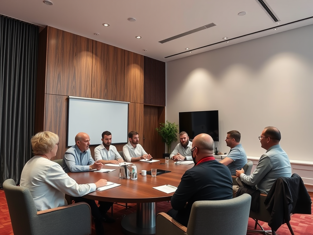 A group of professionals sits around a conference table engaged in discussion, with notes and a screen in view.