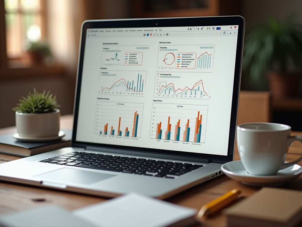 Laptop on desk showing graphs and charts, with coffee cup and plant nearby in an office setting.