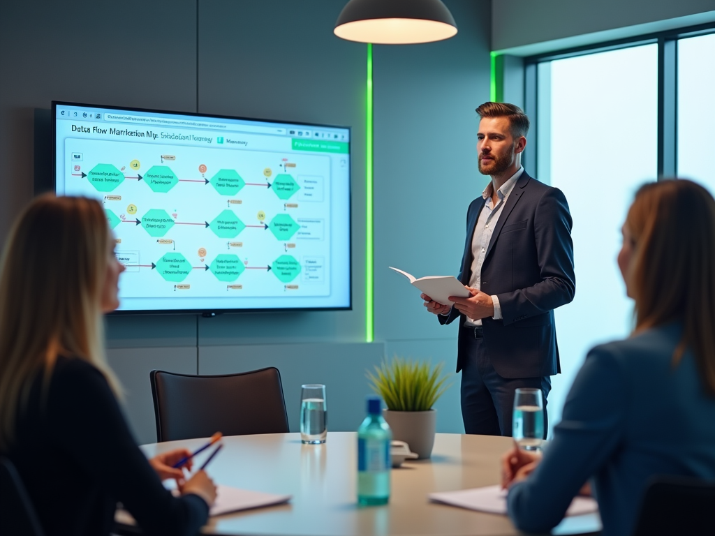 Businessman presenting a data flow chart in a meeting with colleagues.