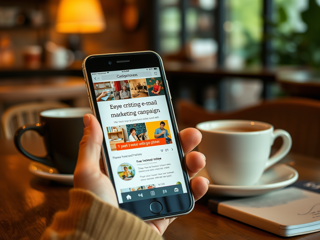 A person holding a smartphone displaying an email marketing campaign, with coffee cups and a notebook in the background.
