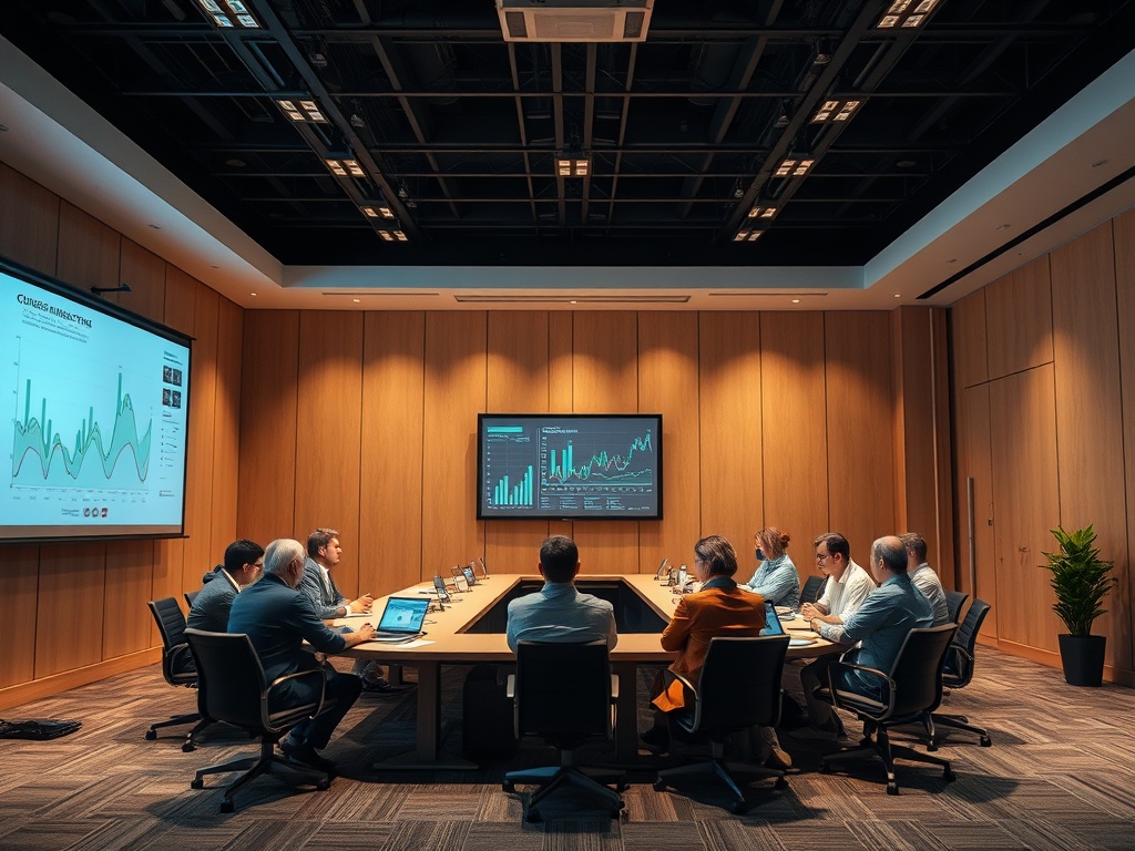 A modern conference room with eight people discussing data displayed on multiple screens and a large table.