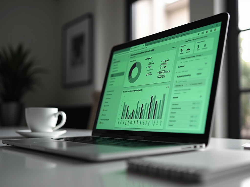 A laptop displaying data analytics graphs next to a white coffee cup on a table in a bright office setting.