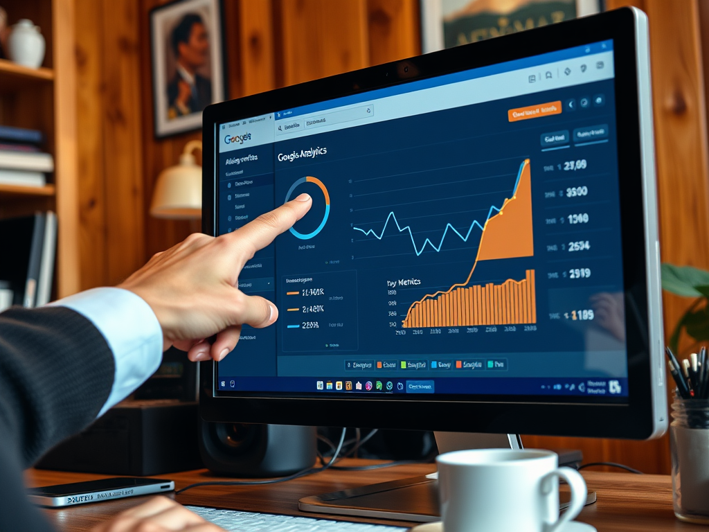 A person pointing at a screen displaying data analytics and graphs in an office setting.