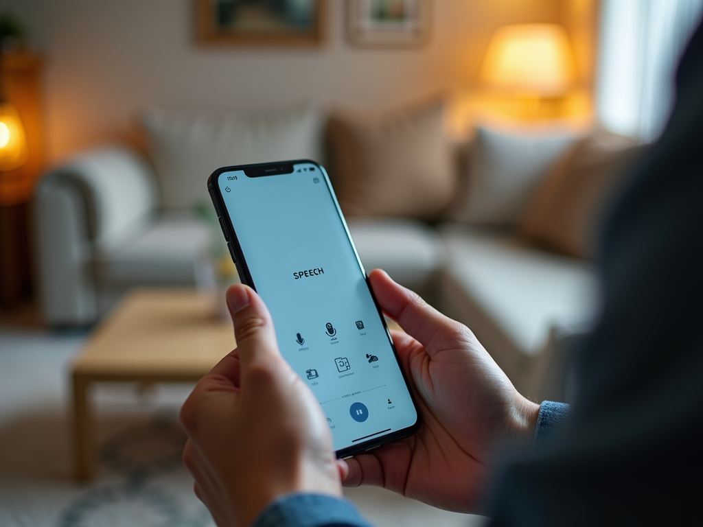 Person holding smartphone with speech app open in a cozy living room setting.