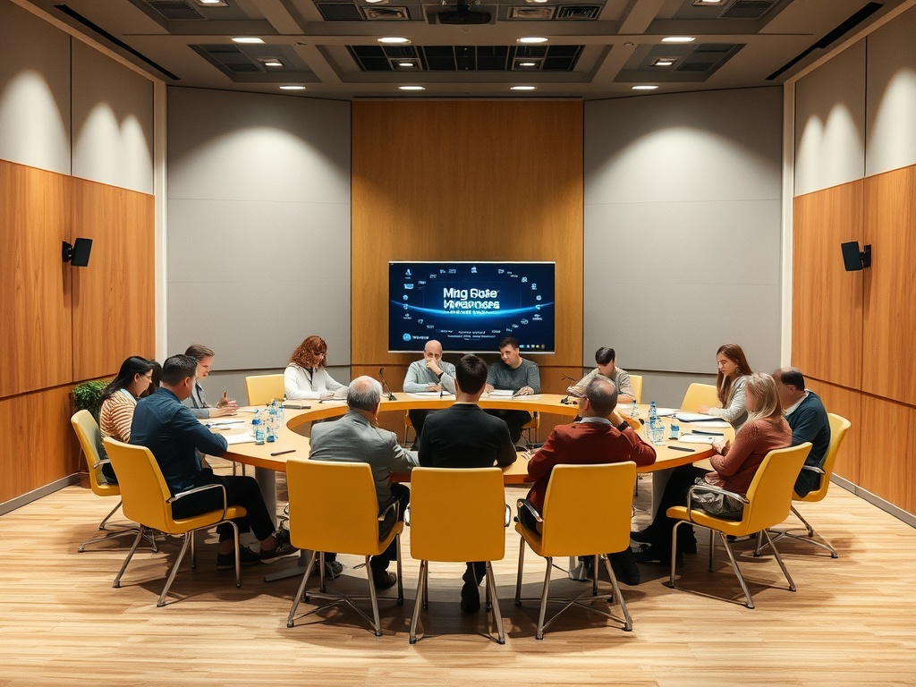 A roundtable meeting in a modern conference room with participants engaged in discussion around a central table.