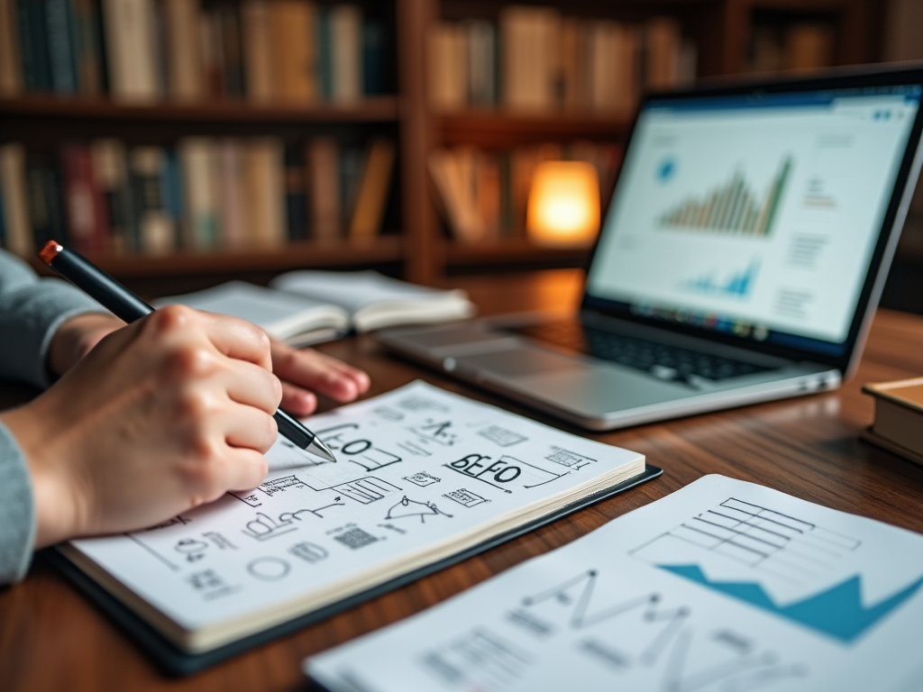 Person sketching business strategies with pen while referencing a laptop in a library.