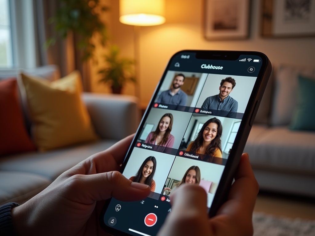 A person holds a phone displaying a video call on Clubhouse with multiple participants visible on the screen.