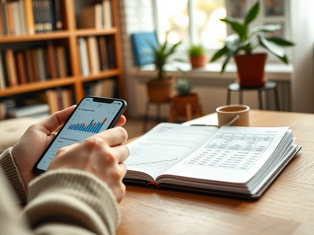 A person holds a smartphone displaying graphs, next to an open notebook with data, in a cozy workspace.