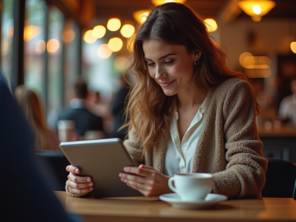 Woman smiling at tablet in cozy café with a cup of coffee on the table.