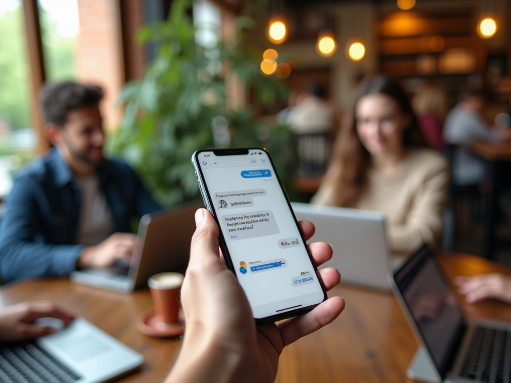 A person holding a smartphone shows a messaging app; colleagues work on laptops in a lively café setting.