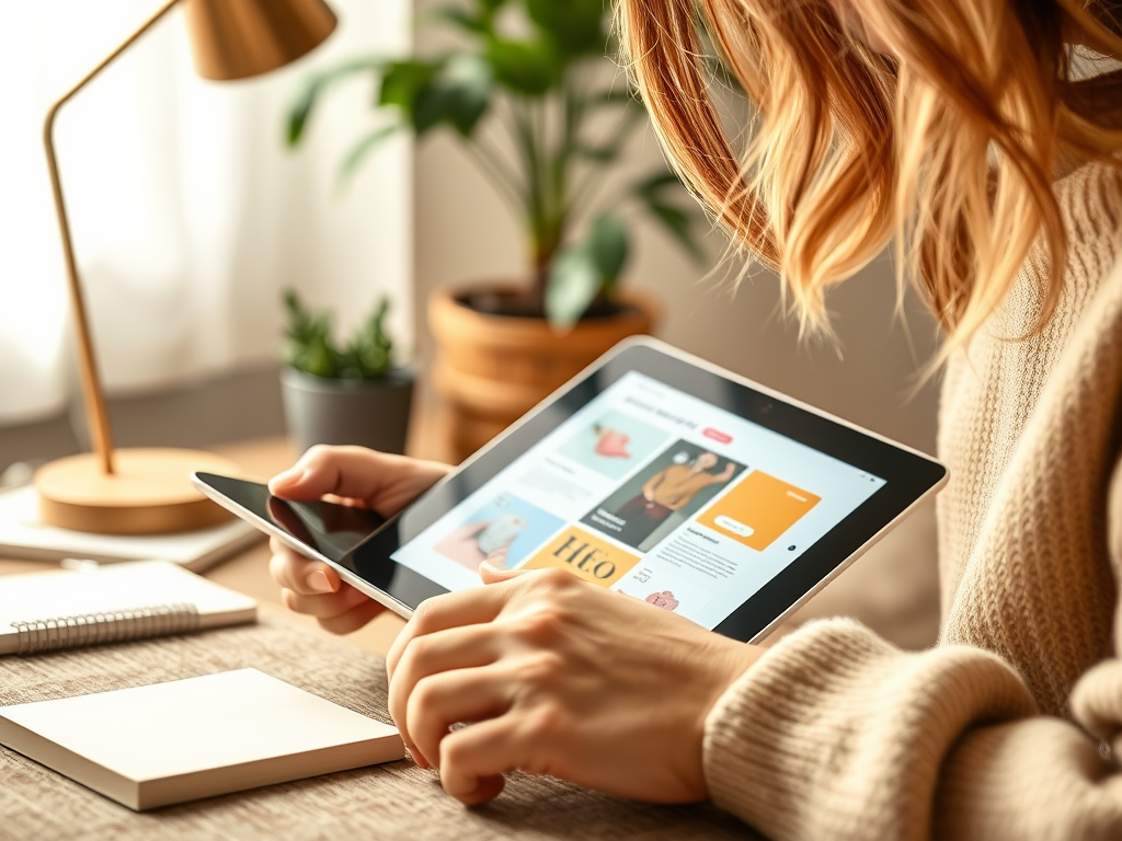 A person browsing a tablet with colorful app designs, sitting at a desk with a lamp and plant.