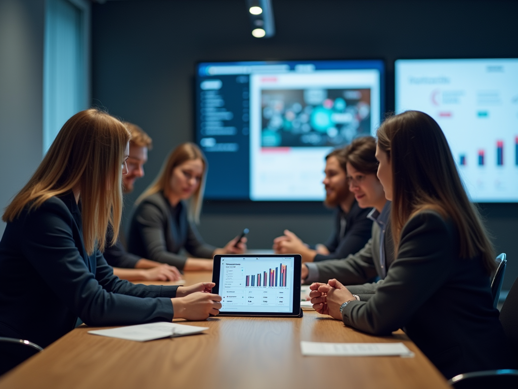 Team of professionals reviewing data on a tablet in a modern meeting room with digital displays.