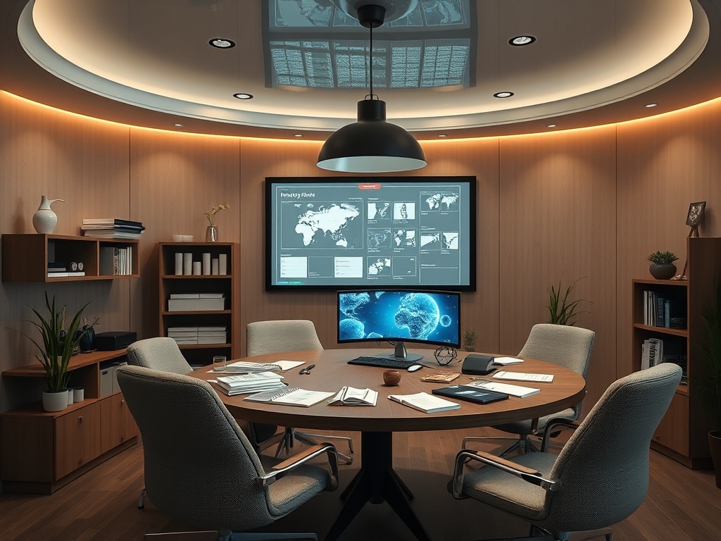 A modern conference room with a round table, chairs, digital screens, and warm lighting, showcasing a collaborative space.