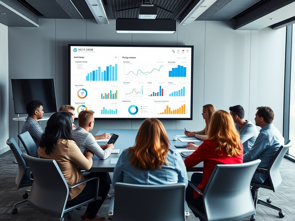 A diverse group of professionals is engaged in a meeting, reviewing data visualizations on a large screen.