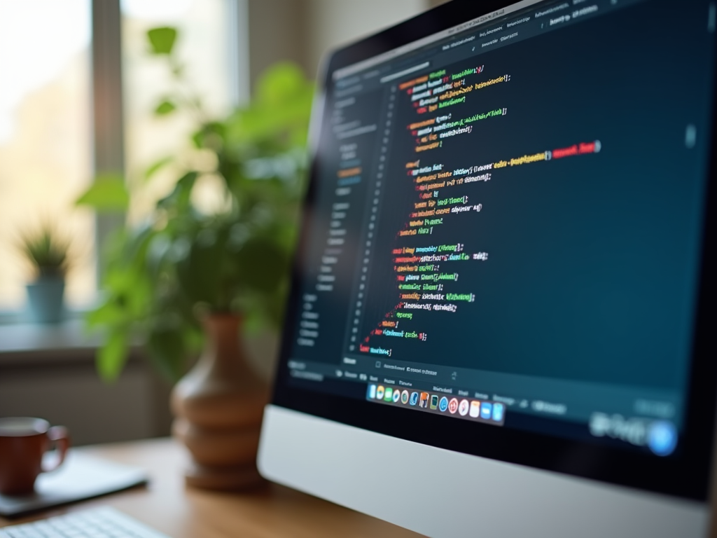 Laptop screen displaying colorful coding lines on a desk, with out-of-focus plants and coffee mug in the background.