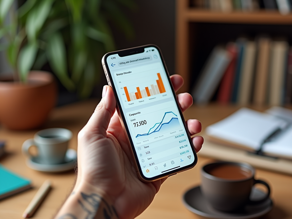 Hand holding smartphone displaying financial graphs with a coffee cup and books in background.