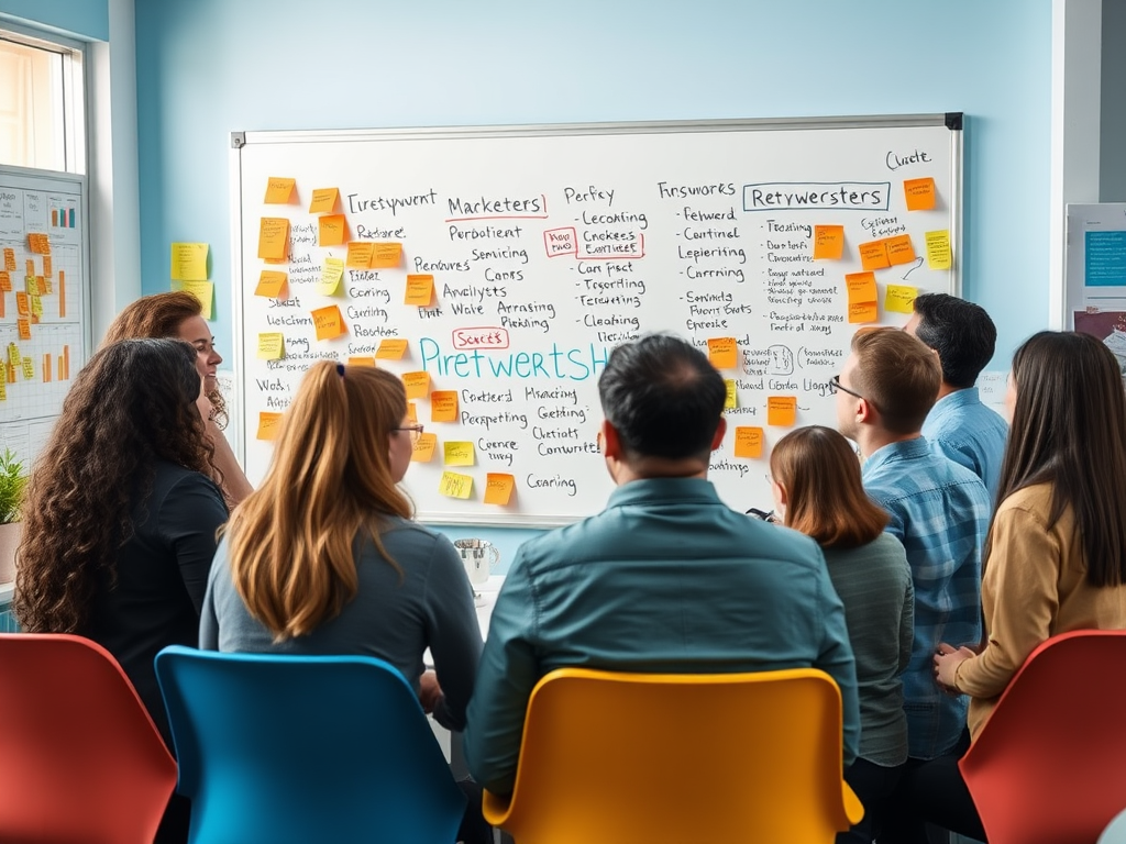 A group of people discuss ideas in front of a whiteboard filled with colorful sticky notes and lists.