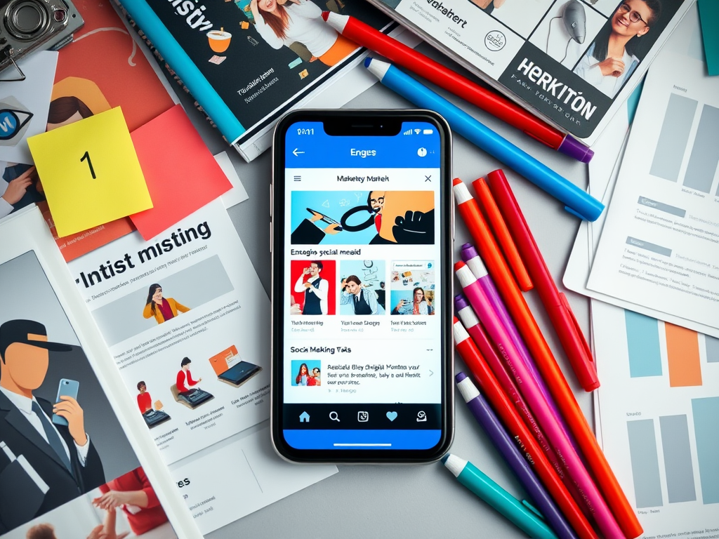 A smartphone displaying a social media app, surrounded by colorful markers and various printed materials on a desk.