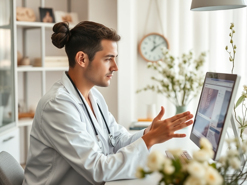 A young male doctor in a white coat consults with a patient via video call, gesturing thoughtfully.