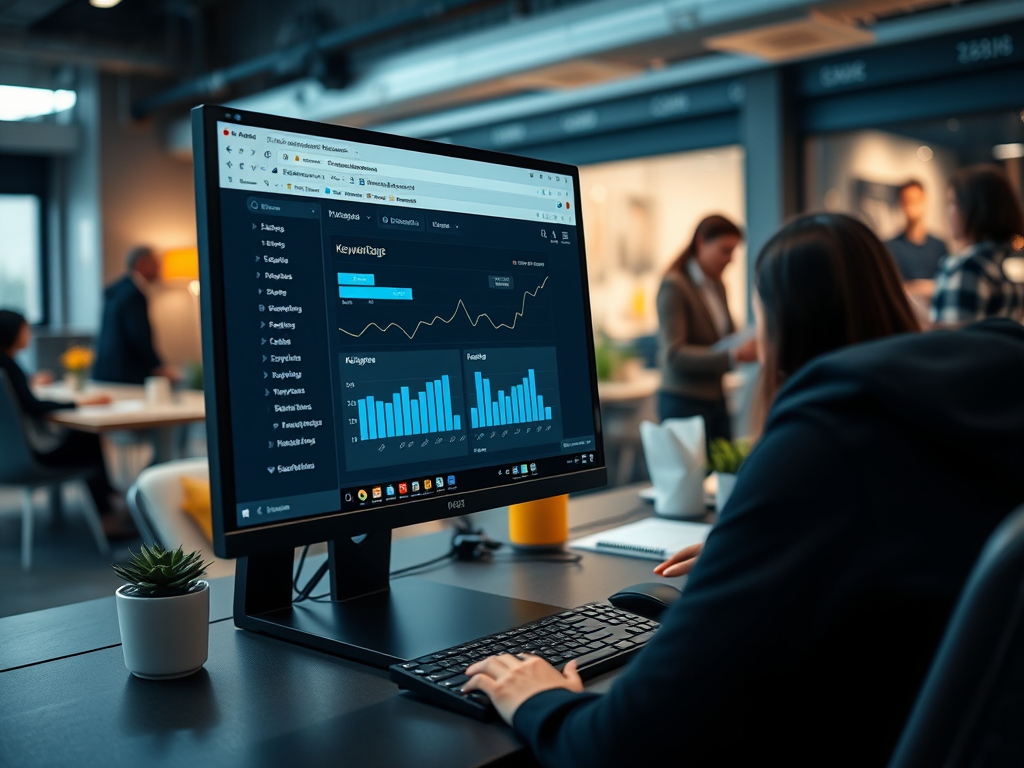 A person analyzes data on a computer screen in a modern office setting, with colleagues conversing in the background.