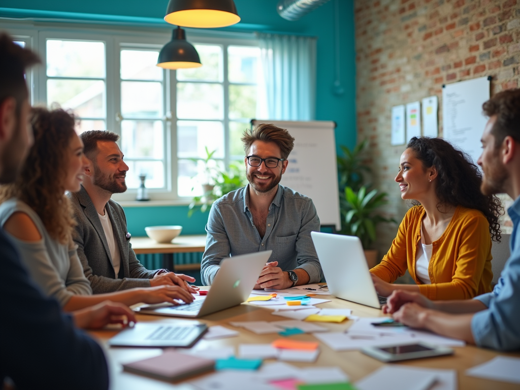 Diverse group of professionals laughing and discussing around a table in a bright office setting.