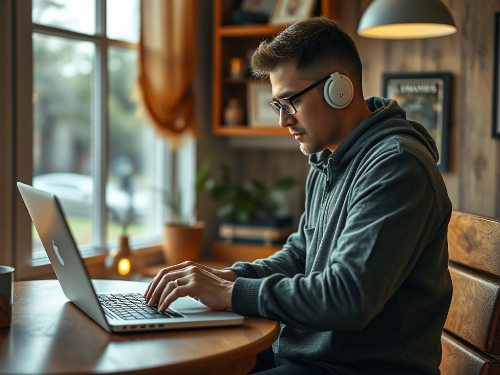 A man in a gray hoodie sits at a wooden table, using a laptop and wearing headphones, focused on his work.