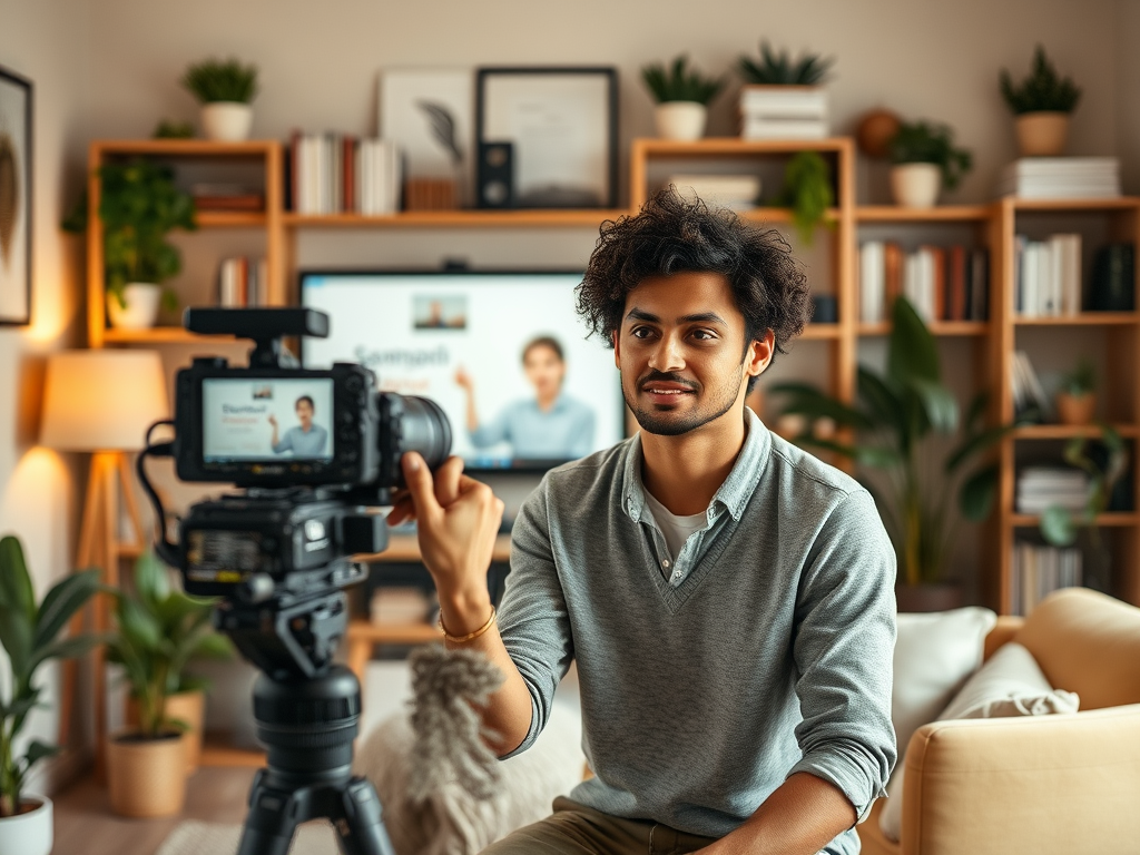 A young man is filming a video with a camera, smiling and gesturing, in a cozy room with plants and bookshelves.