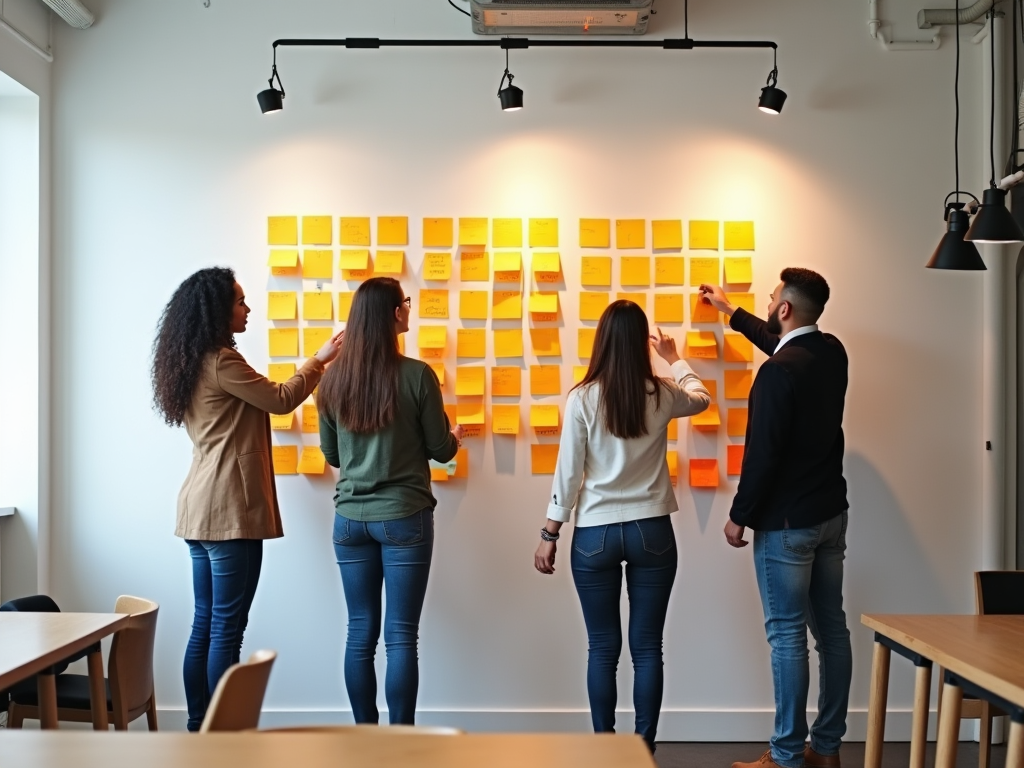 Four professionals collaborating on a project using sticky notes on a wall in a modern office.