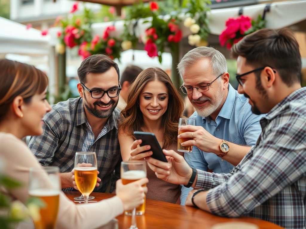 A group of five friends at a table, smiling and looking at a phone, with drinks in hand and flowers in the background.