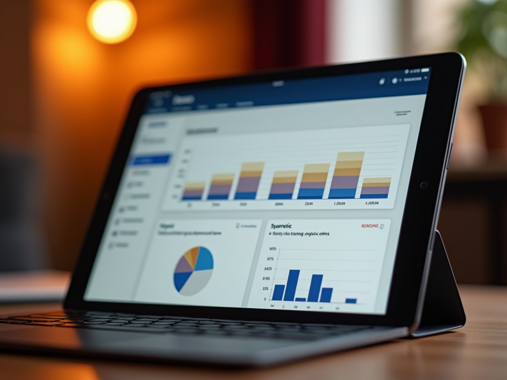 Tablet displaying colorful bar and pie charts on a business dashboard, placed on a wooden table with soft lighting.