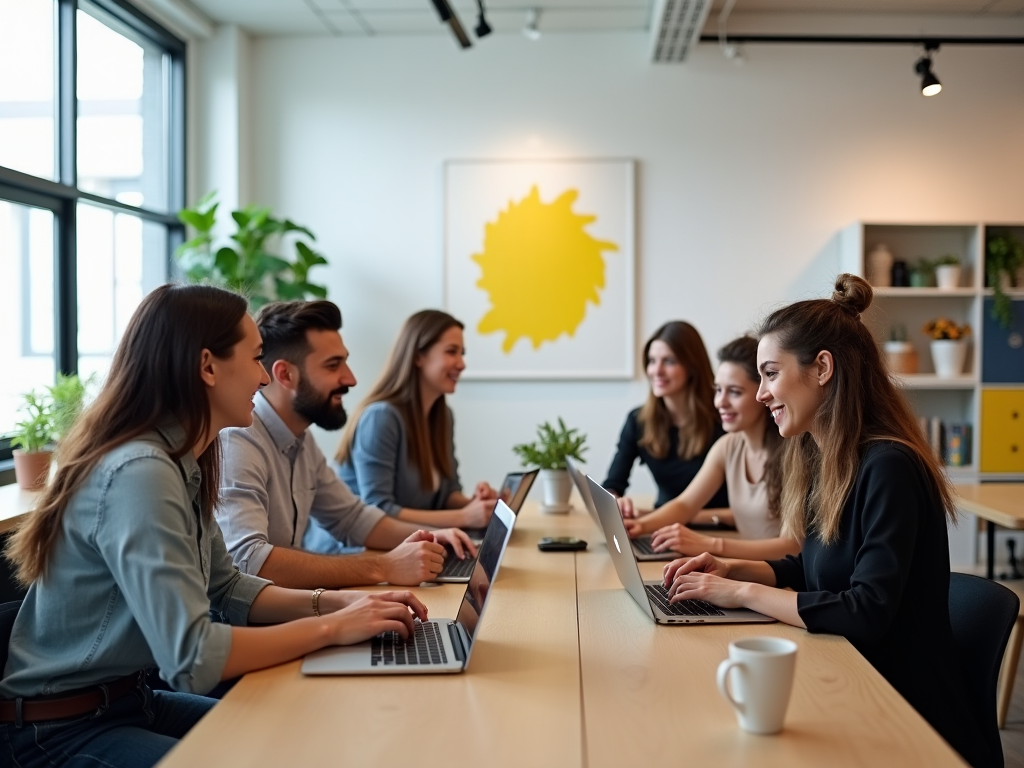 Group of five young professionals smiling and working on laptops at a well-lit office table.