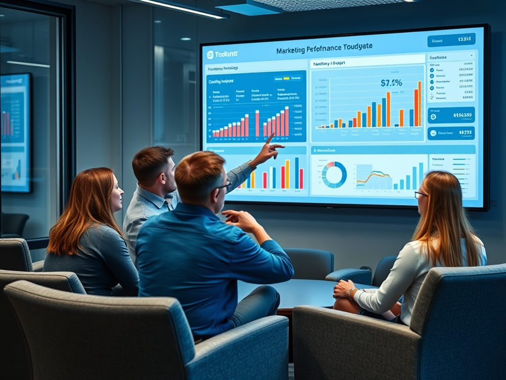 A team discusses marketing performance data displayed on a large screen in a modern office setting.