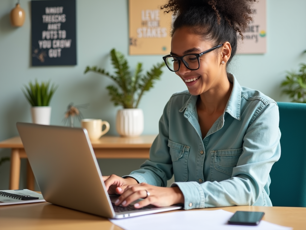 A smiling woman with curly hair types on her laptop in a cozy workspace with plants and motivational posters.