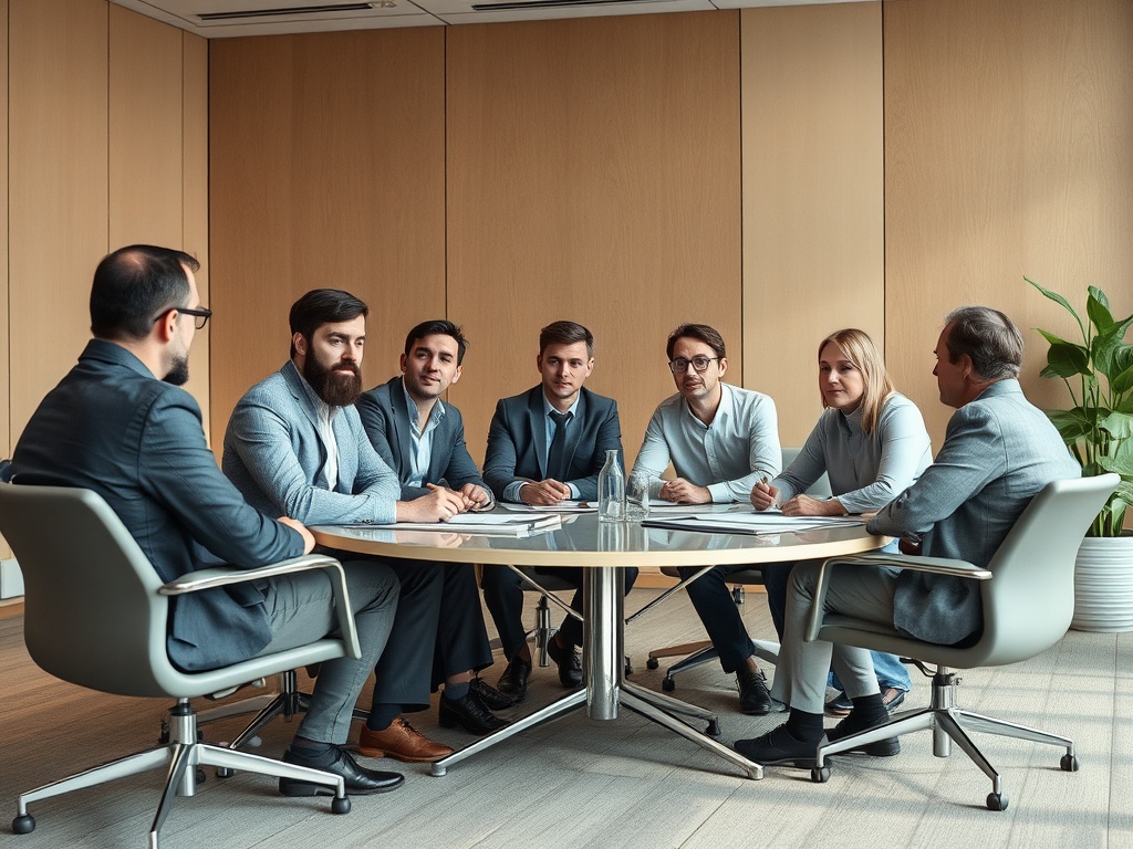A group of eight professionals in business attire engaged in discussion around a round table in a modern office setting.
