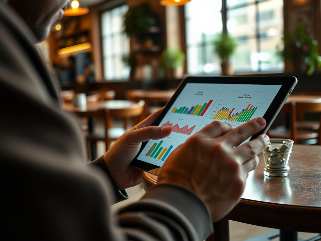 A person using a tablet in a café, analyzing colorful data charts and graphs. Coffee shop ambiance in the background.
