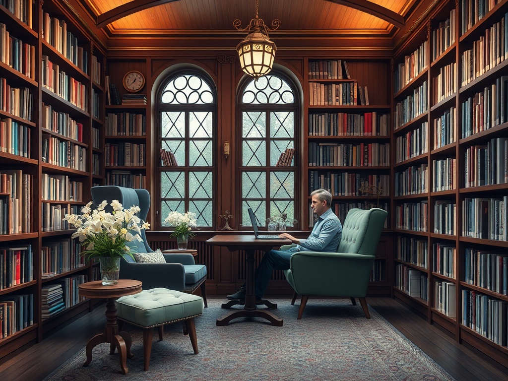 A man works on a laptop at a wooden table in a cozy library filled with books and plants.