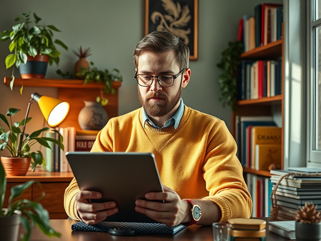 A man in a yellow sweater sits at a desk, focused on a tablet, surrounded by books and plants in a cozy room.
