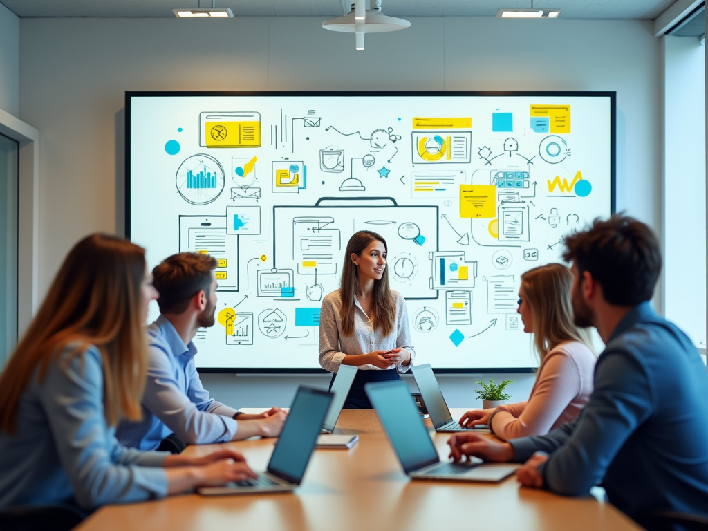 Team members engage in a meeting with a digital graphic presentation in background.