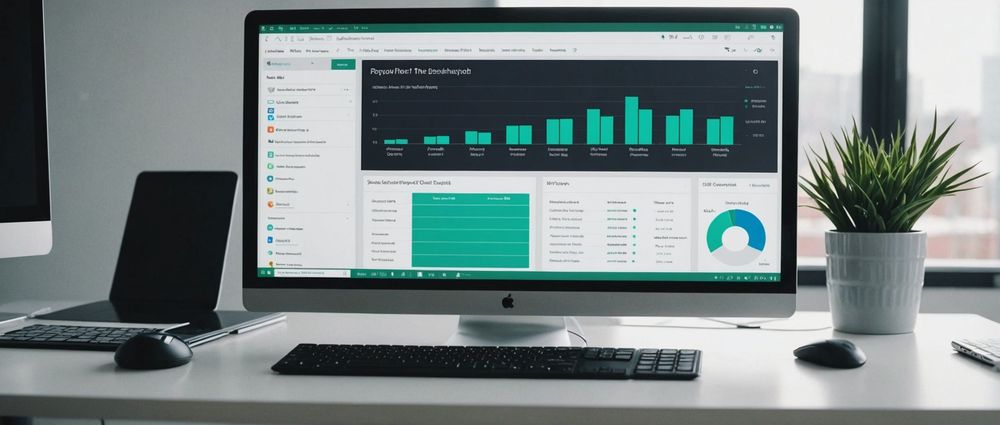 Рабочее место с компьютером Apple, показывающим графики и аналитику на мониторе.